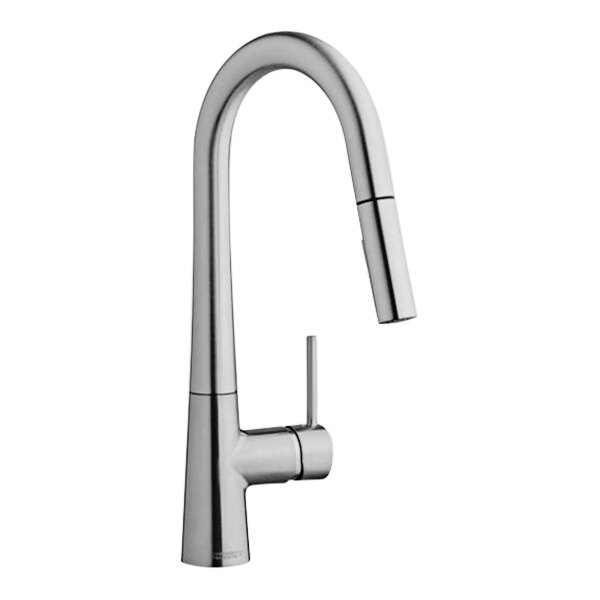 A Chicago Faucets deck-mounted single-hole kitchen faucet with pull-down spout and a silver finish.