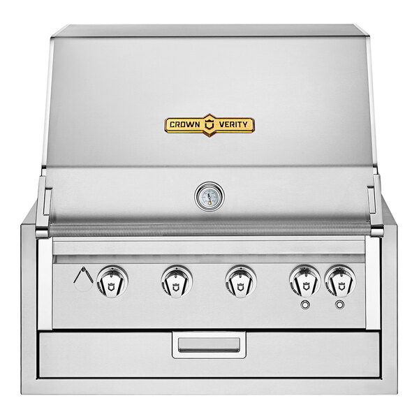 A stainless steel Crown Verity built-in grill with knobs.