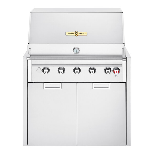 A stainless steel Crown Verity outdoor grill with knobs on a white background.