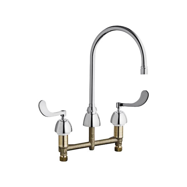 A close-up of a Chicago Faucets deck-mounted faucet with two handles and a gooseneck spout.