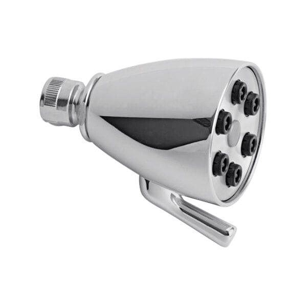 A Chicago Faucets chrome shower head with four holes.