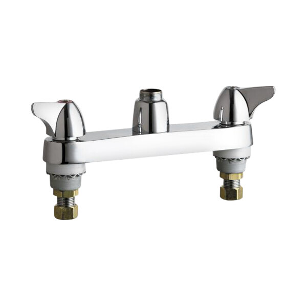 A chrome Chicago Faucets deck-mounted faucet base with two single-wing handles.