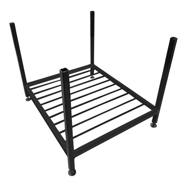 A black metal stand with four legs and a shelf.