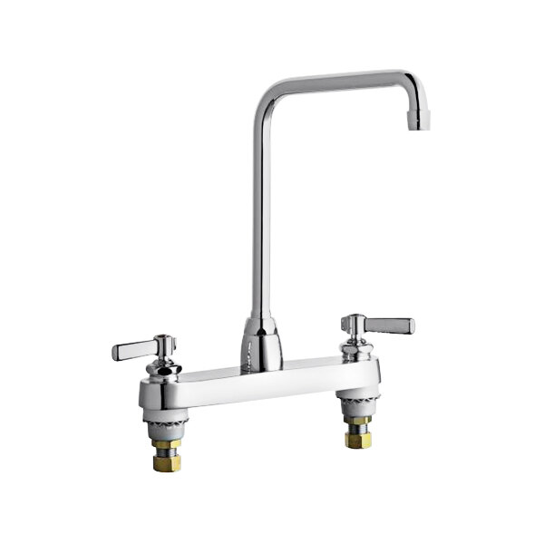 A Chicago Faucets deck-mounted faucet with two handles and a high arch spout.