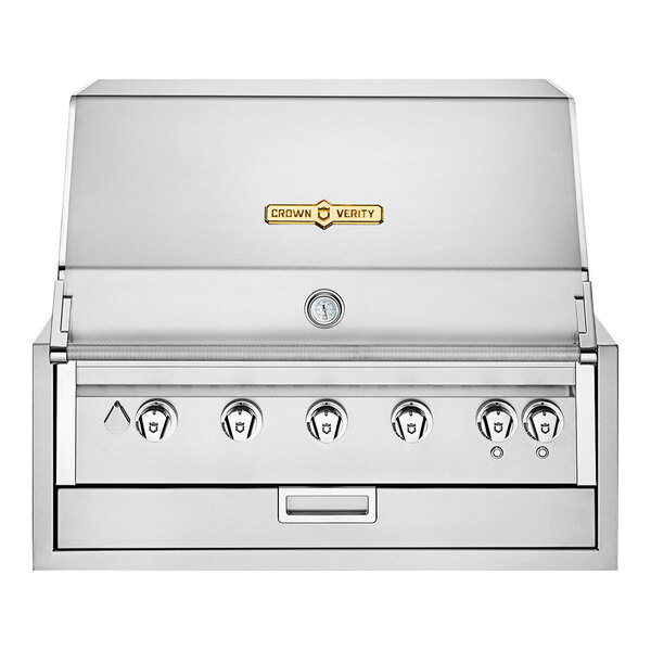 A stainless steel Crown Verity built-in liquid propane grill on a counter.
