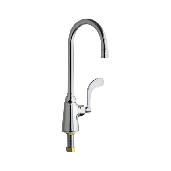 A Chicago Faucets deck-mounted faucet with a handle and gooseneck spout.