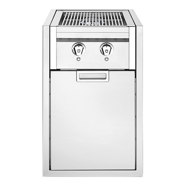 A Crown Verity built-in liquid propane grill with dual side burners and knobs on a stainless steel rectangular cabinet.