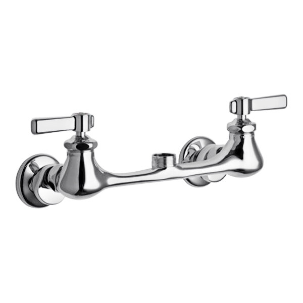 A chrome Chicago Faucets deck-mounted faucet base with 2 lever handles.