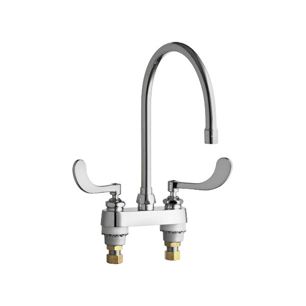 A Chicago Faucets deck-mounted faucet with a rigid / swing gooseneck spout and laminar outlet.