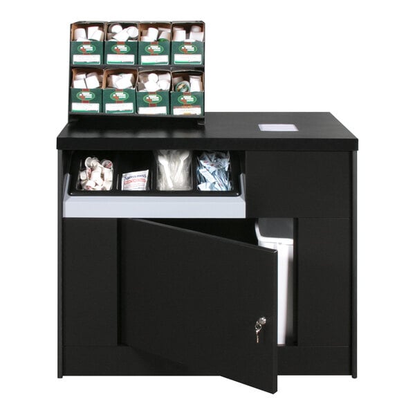 A black coffee stand cabinet with a shelf and a drawer.