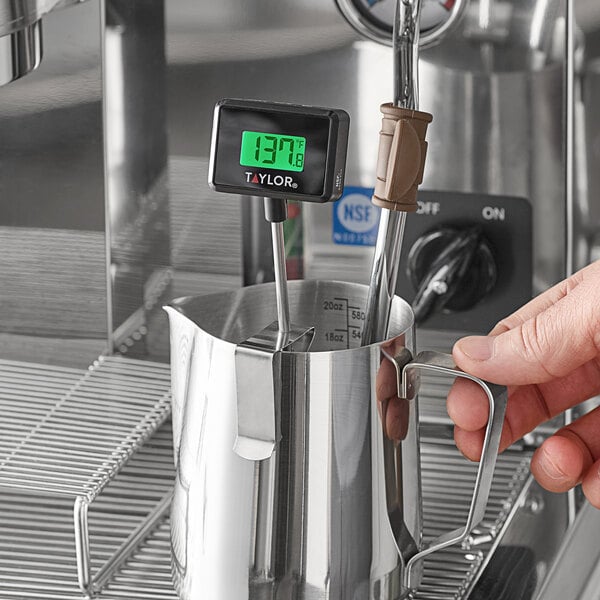 A person using a Taylor digital thermocouple thermometer to measure hot beverage temperature in a metal pitcher.