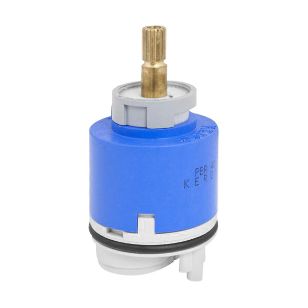 A blue and gold pressure balancing valve cartridge with a white cap on the end.