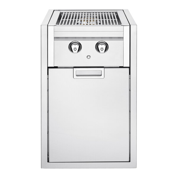 A white rectangular stainless steel Crown Verity built-in grill with dual side burners and 2 drawers.