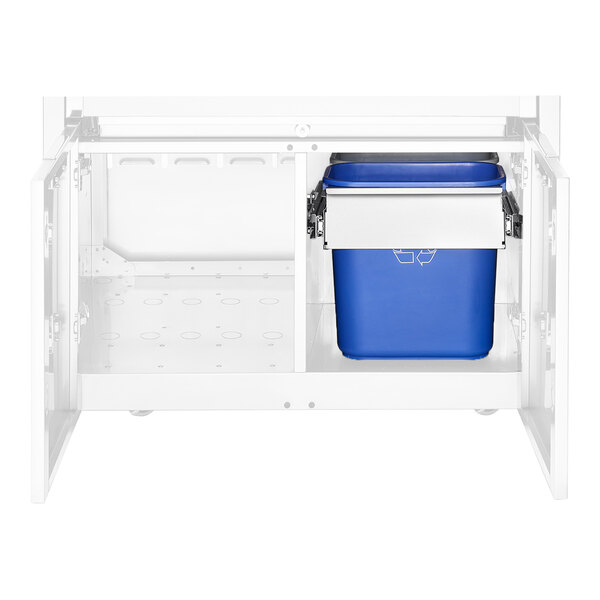 A white cabinet with a blue and white trash can inside.