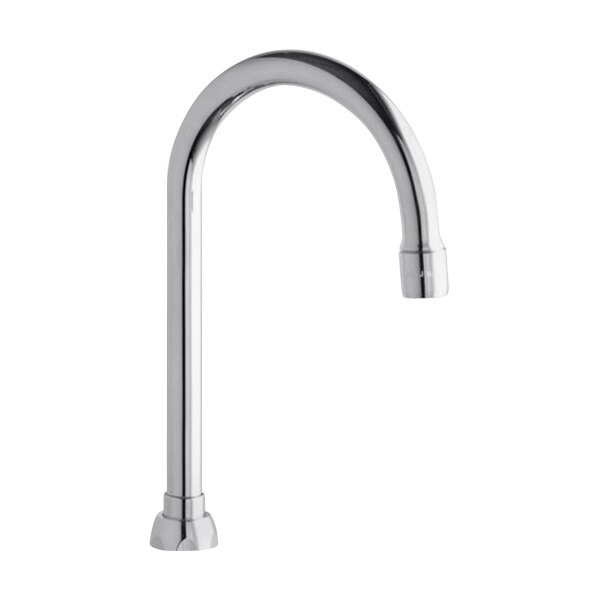A close-up of a silver Chicago Faucets gooseneck spout with a white background.
