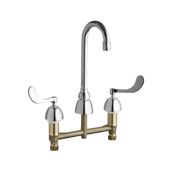 A chrome deck-mounted Chicago Faucet with 3 1/2" rigid/swing gooseneck spout and levers.
