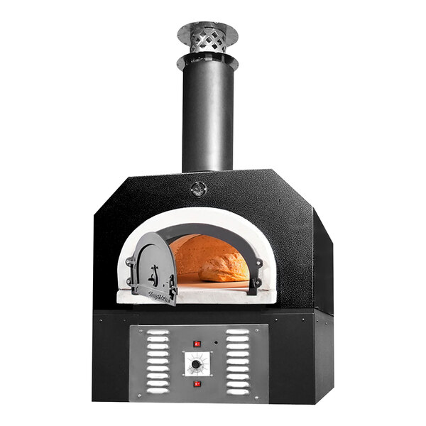 A black Chicago Brick Oven countertop pizza oven with a door open.