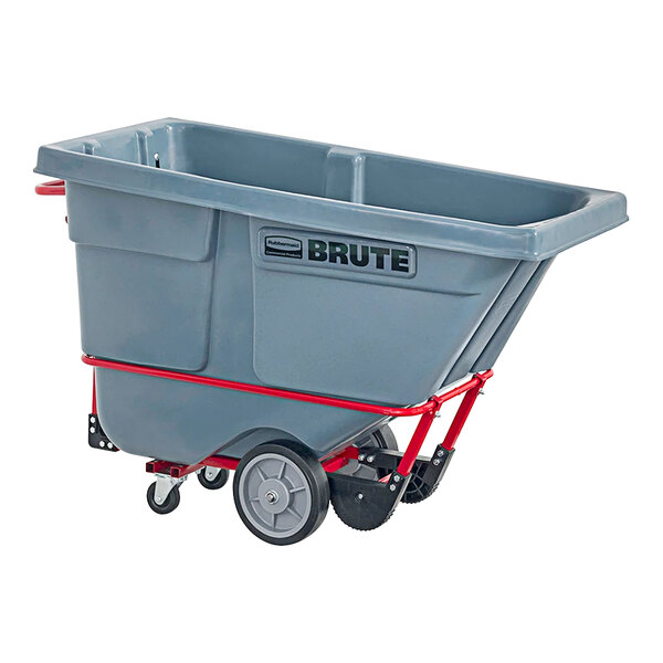 A grey Rubbermaid Brute tilt truck with red handles.