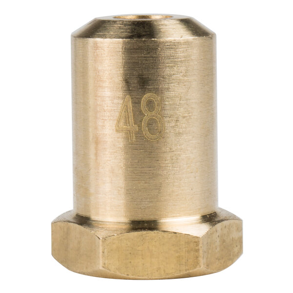 A gold metal cylinder with a hexagon shaped nut with the number 48 on it.