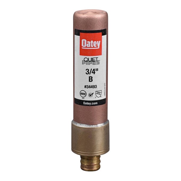 A close-up of an Oatey Quiet Pipes hammer arrestor with a red label.