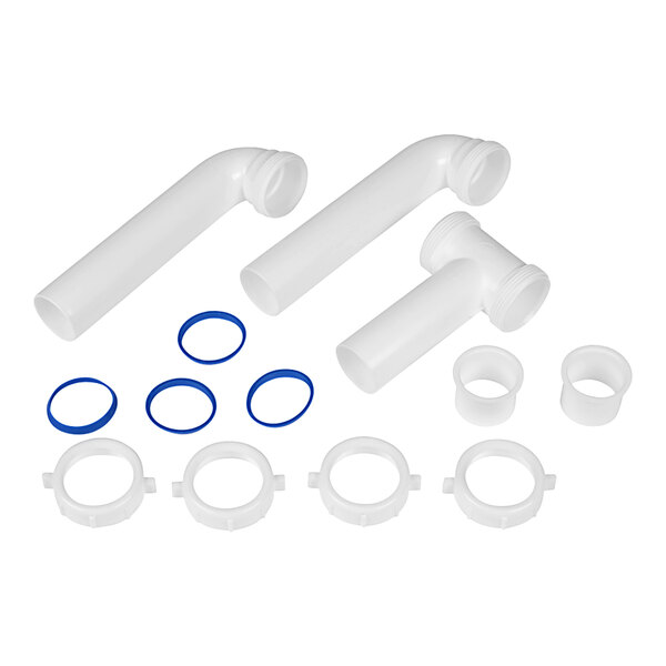 White plastic pipes and fittings including a white plastic pipe with blue Hi-Line flanged adapters and a hole.