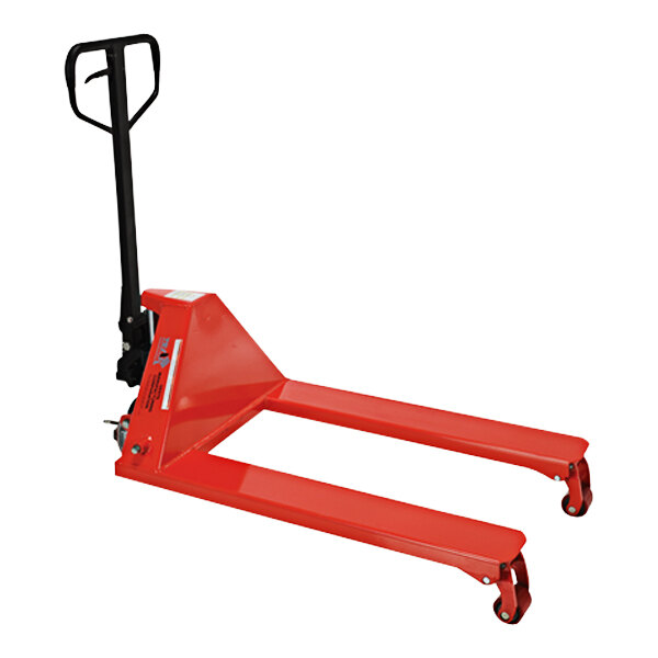 A red Vestil steel pallet truck with black handle and wheels.