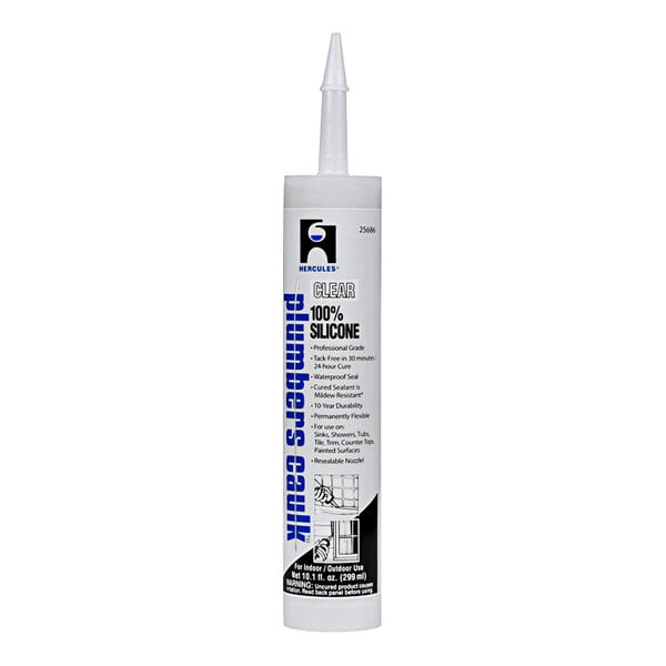 A white tube of Hercules Plumbers Caulk Clear Silicone Sealant with a white cap.