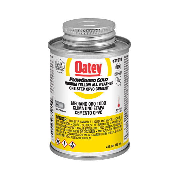 A can of yellow Oatey FlowGuard Gold liquid cement.