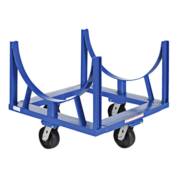 A blue steel cradle cart with black wheels.