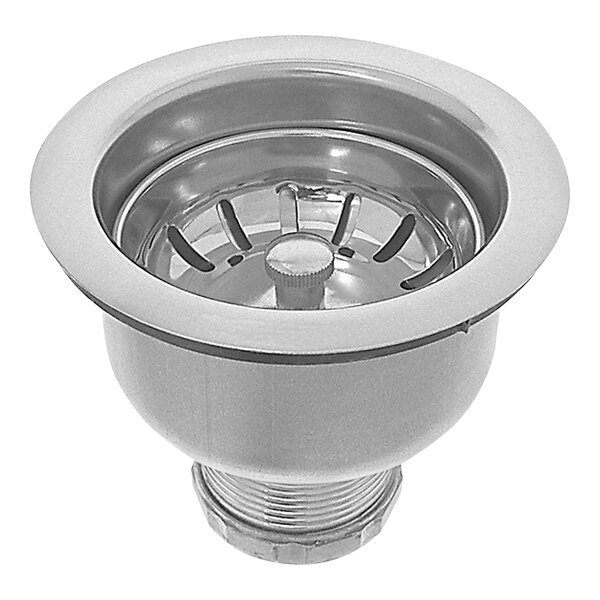 A Dearborn stainless steel sink basket strainer with a locking cup over the drain.