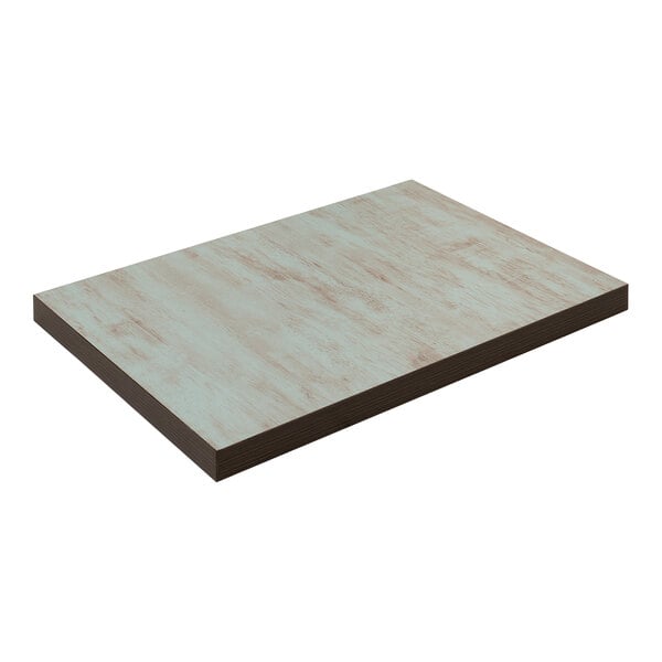 An American Tables & Seating double-sided laminate table top with a light blue and wood grain finish.