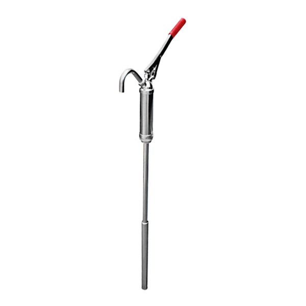 A silver and red Lever Action Drum Pump with a metal pipe and red handle.