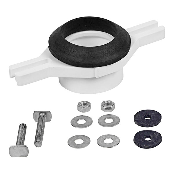 A white and black plastic Oatey urinal flange kit with bolts and a black rubber ring.