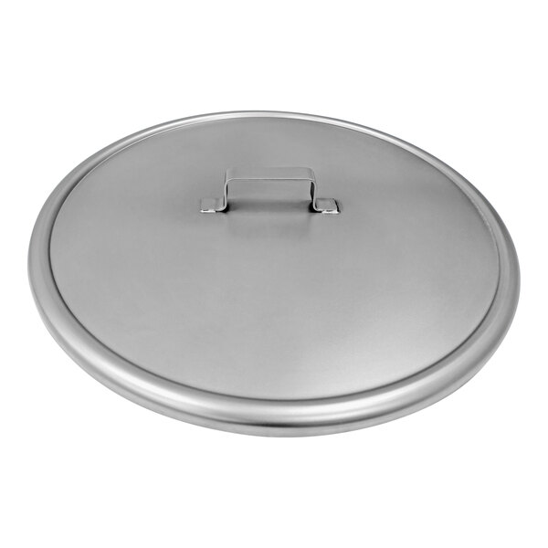 A silver Savage Bros stainless steel lid with a handle.