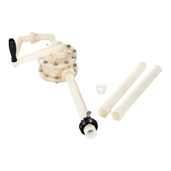 A white plastic Vestil Manual Rotary Polytetrafluoroethylene Drum Pump with black handle and two pipes.