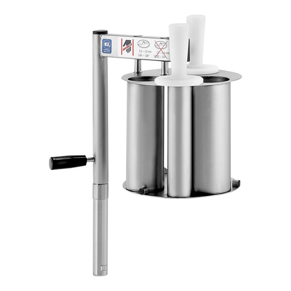 A stainless steel Hobart Four-Tube Feeder Assembly with white plastic containers.