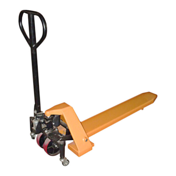 A yellow steel single fork pallet jack with black handles.