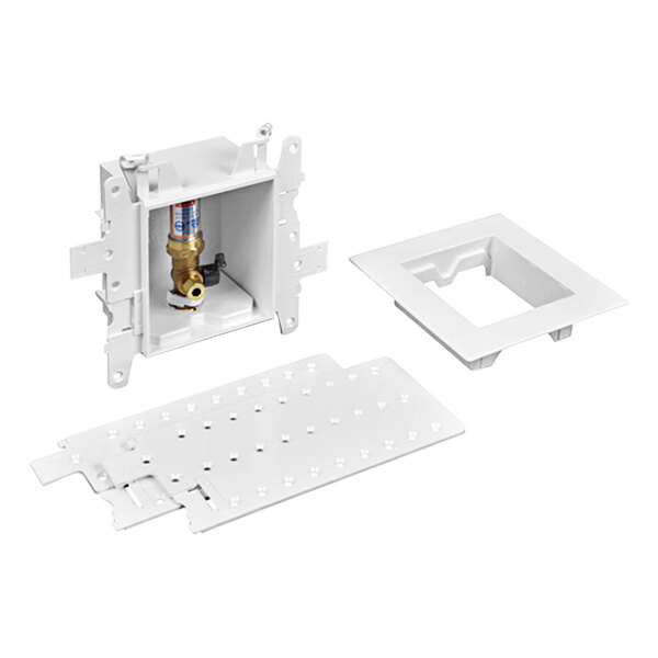 A white plastic Oatey ice maker outlet box with a square hole in it.