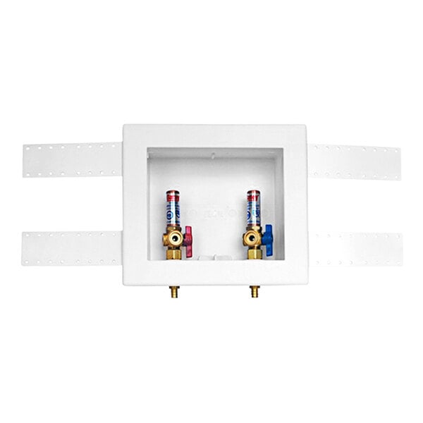 A white Oatey washing machine outlet box with two valves.