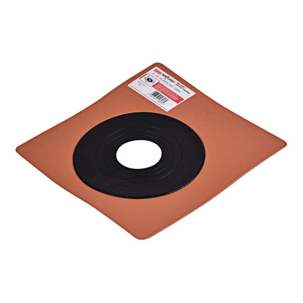 A brown and black Oatey vertical flashing package with black and orange tape inside.