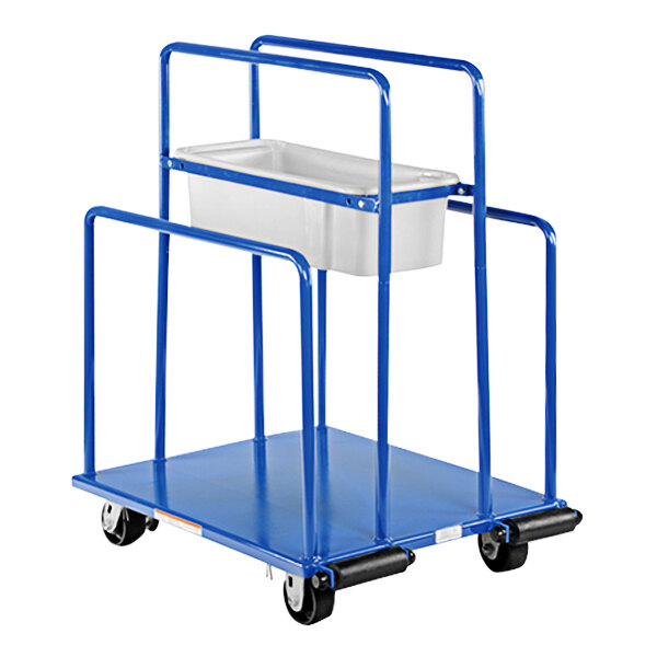 A blue and white steel panel cart.
