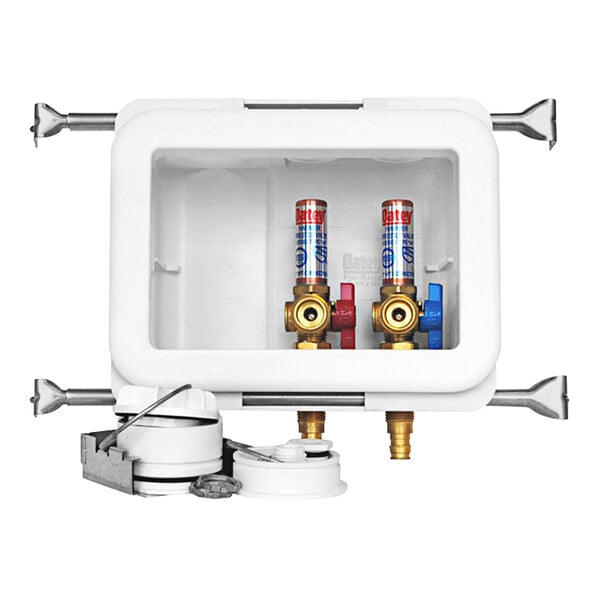 A white Oatey washing machine outlet box with pipes and water faucets.