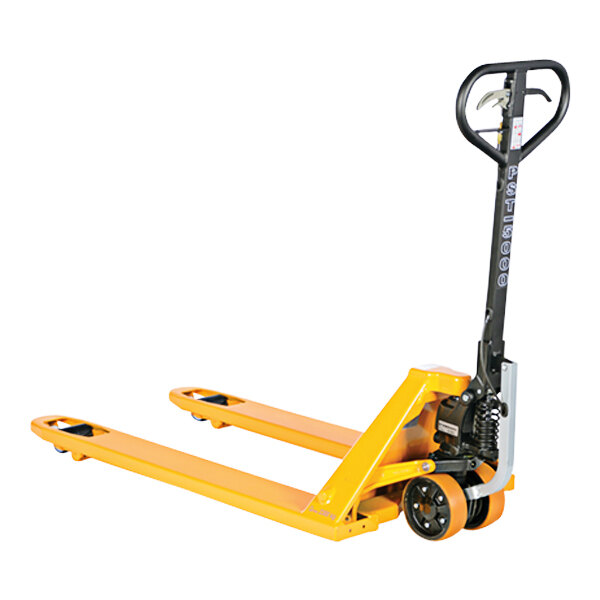 A yellow Vestil steel hand pallet truck with wheels and a handle.