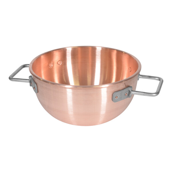 A Savage Bros copper kettle bowl with two handles.