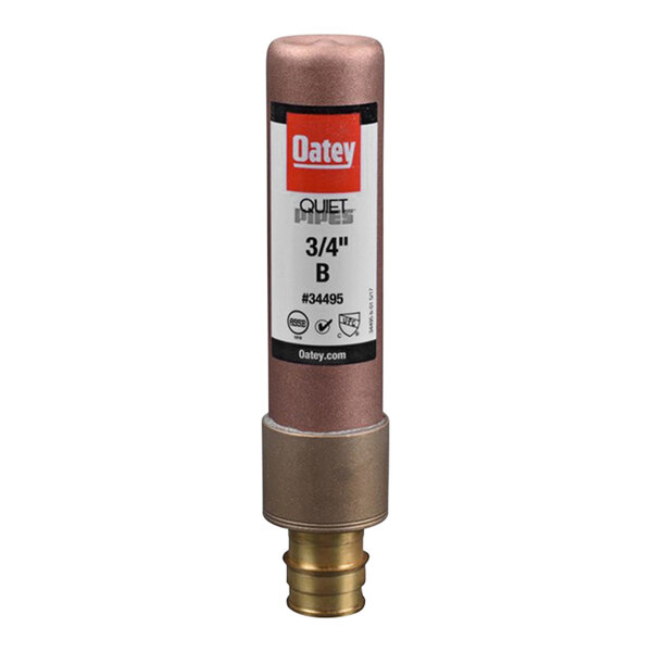 An Oatey copper hammer arrestor with a red label.
