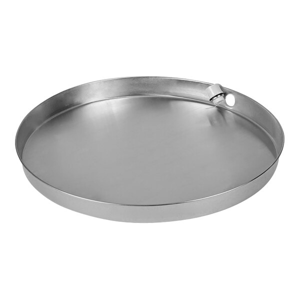 An aluminum round water heater pan with a handle.