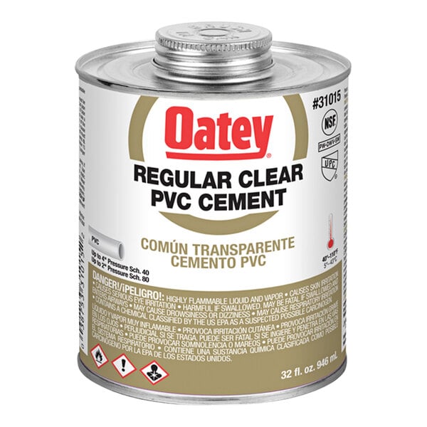 A 32 oz. can of Oatey regular clear liquid PVC cement with a white label.