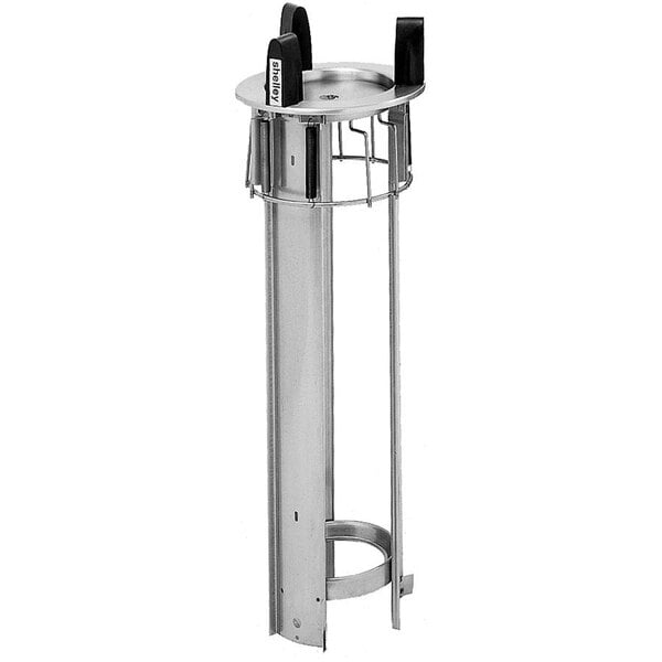 A Delfield unheated drop in dish dispenser with a metal stand and black handles.