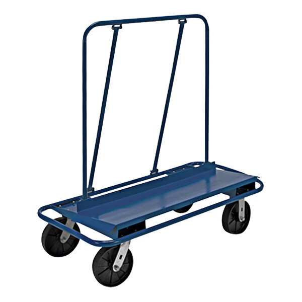A blue Vestil steel panel cart with black wheels.