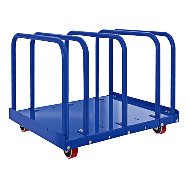 A blue Vestil heavy-duty panel cart with four metal bars and four wheels.